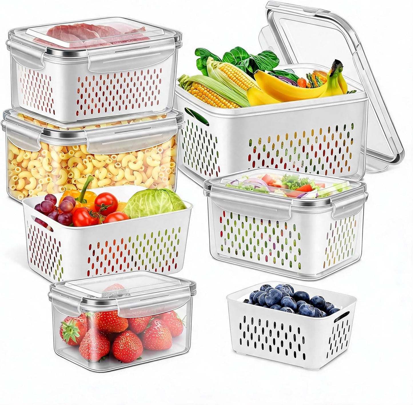 8 Pieces Fruit Storage Containers for Fridge with Lids and Strainer | 4Pack Fruit Containers for Fridge, Fresh Produce Saver Keeper for Vegetable Fruit Salad, BPA Free Organizer for Refrigerator