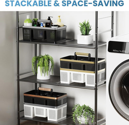 BYUNER Portable Cleaning & Shower Caddy with Handle: Rigid Plastic Basket with 4 Divided Compartments, All-Side Drainage for College Dorm, Bathroom & Utility Use, Black/Gold