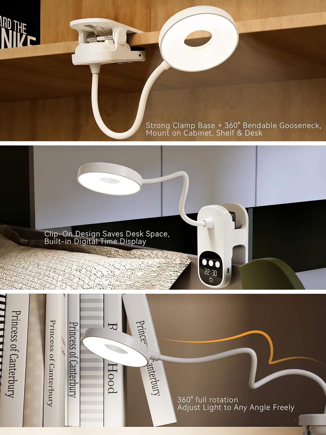 Clip On Desk Lamp Wireless 6000mAh Rechargeable LED Reading Light 3 Colors | Clip-On Light Works As Desk Lamp, Bed Headboard Light, Dorm Study Lamp And Book Light; Fits Home, Office,Camping & More