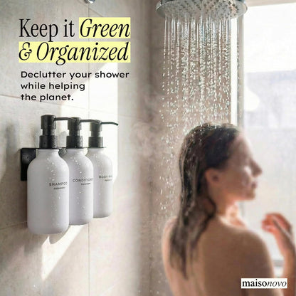 MaisoNovo Shampoo and Conditioner Dispenser|Refillable Black Set of 3 | 500 ml Shower Gel Dispenser Set of 3. Refillable Shampoo and Conditioner Bottles. Drill Free Secure Design. Black