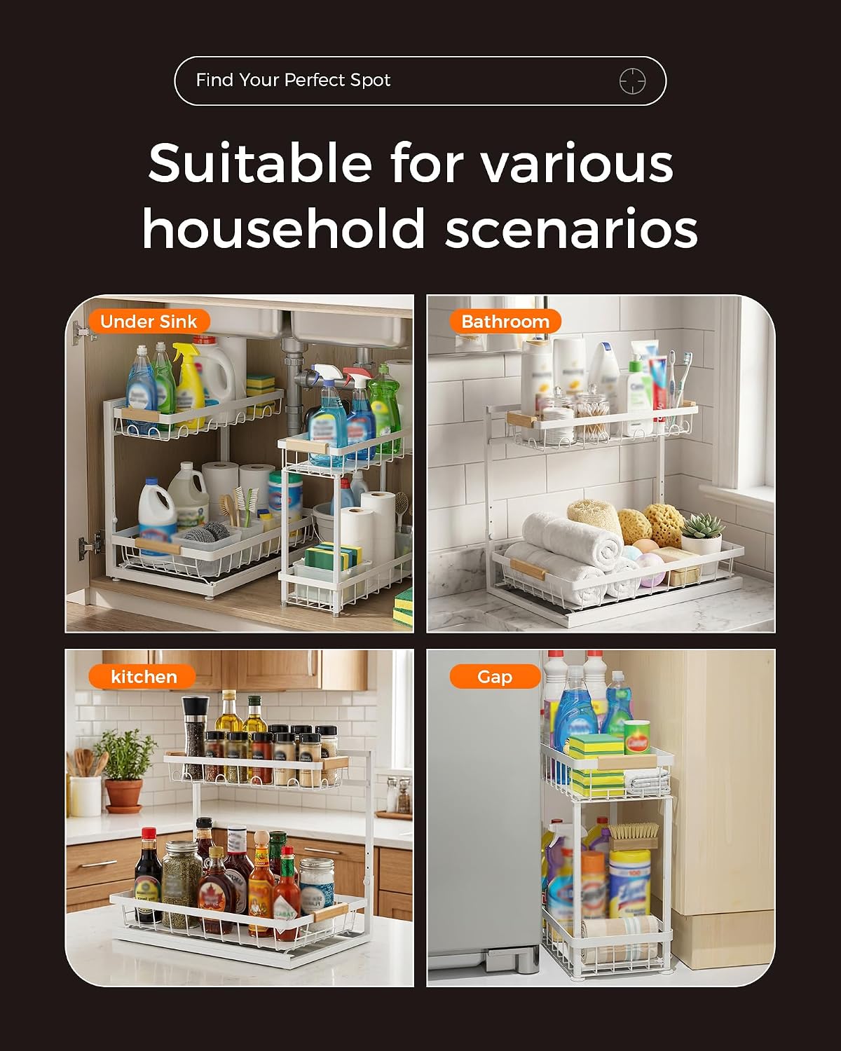 2-Pack 2-Tier Height Adjustable Under Sink Organizer & Storage | Multi-purpose storage for kitchen & bathroom cabinet. Large black shelf, height adjustable design for space-saving.