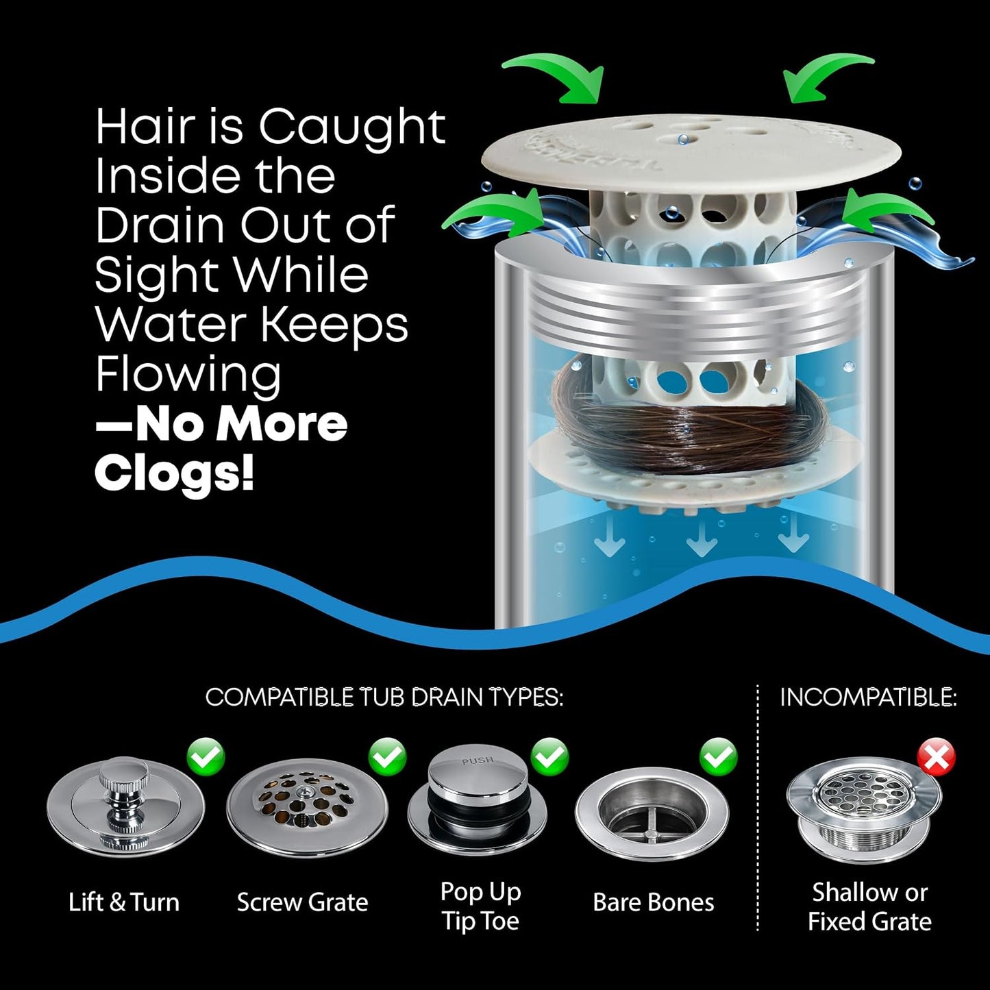 TubShroom Bathtub Drain Hair Catcher – in-Drain Tub Strainer & Clog Prevention Protector, Fits Standard 1.4”–1.75” Tub Drains, Easy Clean, Captures Human & Pet Hair Out of Sight (Gray)