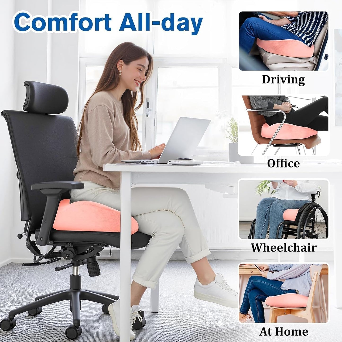 CushyOasis Seat Cushion, Gel Memory Foam Office Chair Cushions, (Black) | Chair Cushion, Anti-Slip Bottom & Removable Cover Tailbone Pain Relief Cushion, Memory Foam Seat Cushion for Office