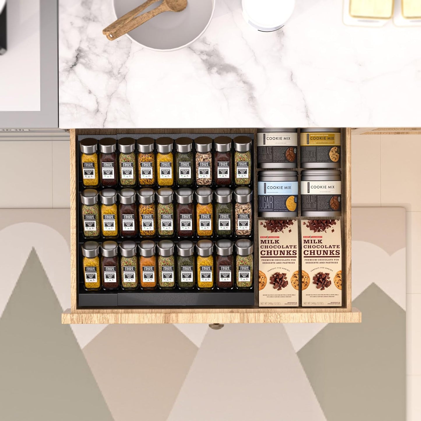 Expandable Metal Spice Drawer Organizer,3-Tier,Slanted Seasoning Jars Tray for Kitchen Cabinet Drawers Insert/Countertop (Jars not included)-3Tier,1pack/White