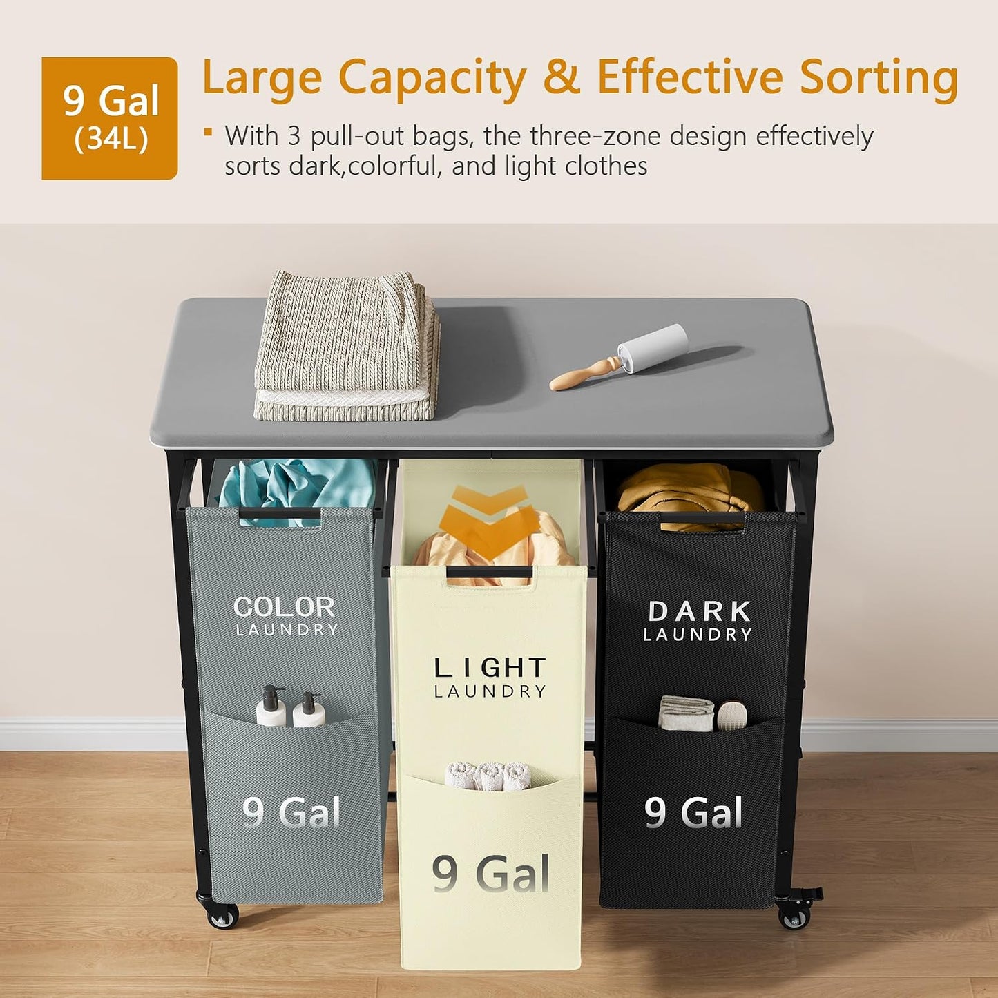 Gewudraw 3 Section Laundry Sorter with Ironing Board, Black | Laundry Sorter with Removable Bags, Heavy-Duty Rolling Laundry Cart, Lockable Wheels, For Bathroom, Bedroom