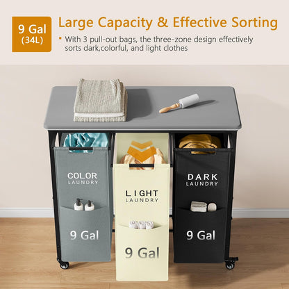 Gewudraw 3 Section Laundry Sorter with Ironing Board, Black | Laundry Sorter with Removable Bags, Heavy-Duty Rolling Laundry Cart, Lockable Wheels, For Bathroom, Bedroom