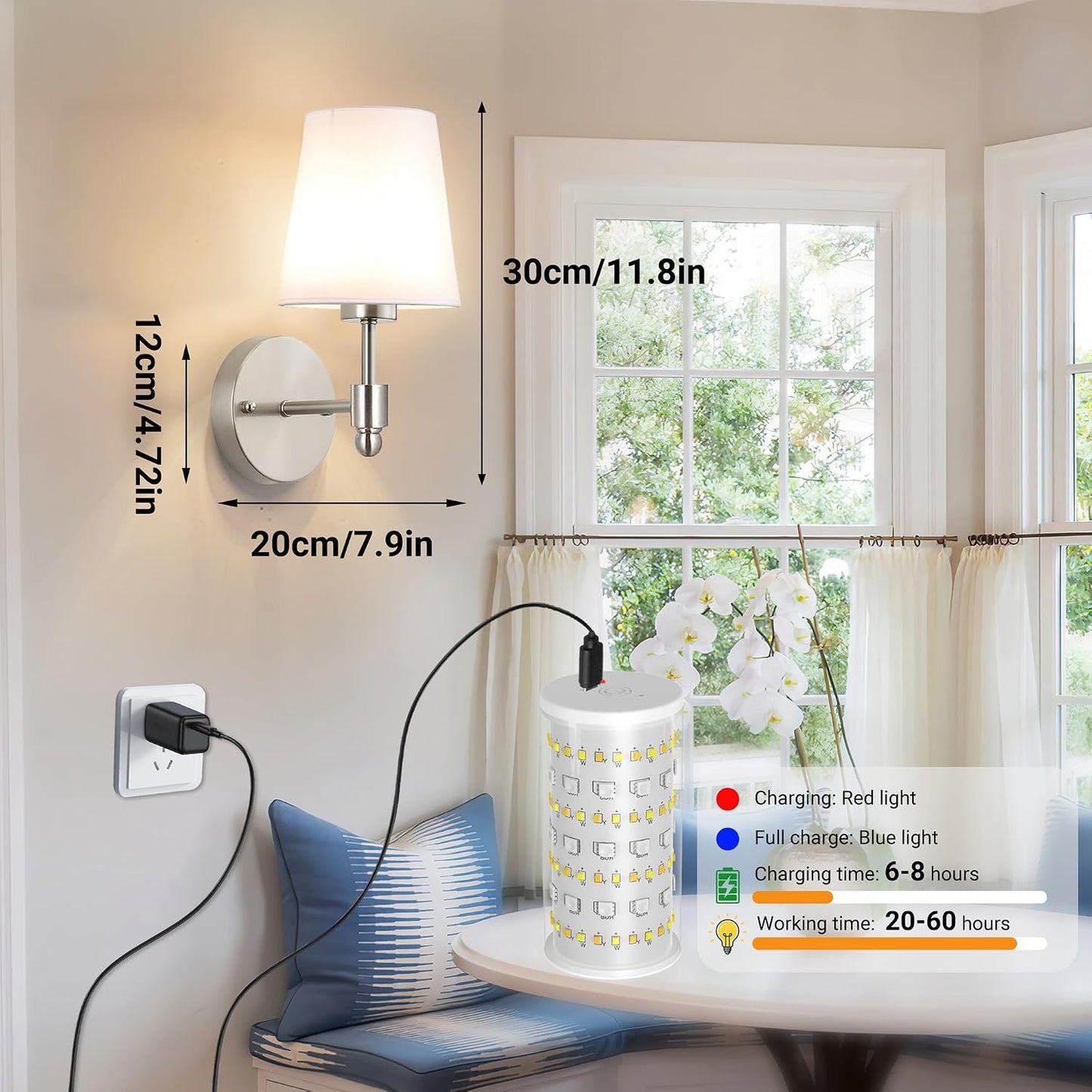 Battery Operated Wall Sconces Set Of Two, Wireless Battery Wall Light With 10000mAh RGB Rechargeable Magnetic Bulb, Rechargeable Wall Sconce With Remote Control For Bedroom, No Electrician Required