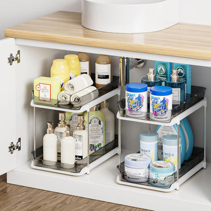 Delamu 2-Tier Multi-Purpose Bathroom Under Sink Organizers and Storage, Stackable Kitchen Pantry Organization, Pull Out Medicine Cabinet Organizer with Movable Dividers, White, 2 Pack