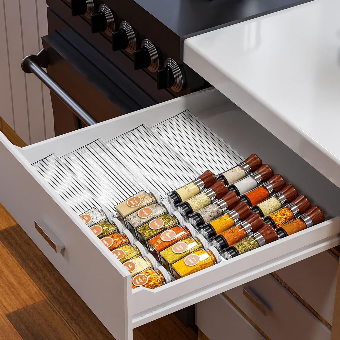 8 Pack Adjustable In Drawer Spice Organizer - Expandable From 11'' to 22'' - Acrylic Drawer Seasoning Organizer,Clear Spice Organization Tray for Cabinet Drawers Condiment,Nail Polish and Jar