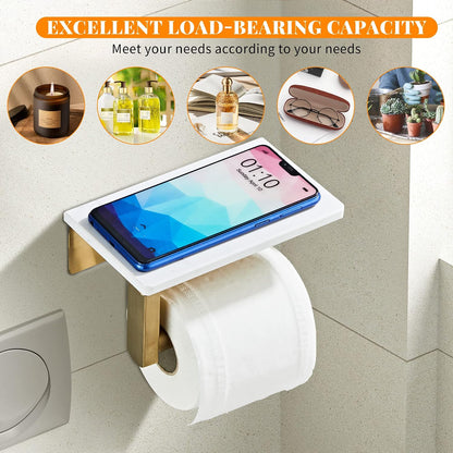 Brushed Nickel Toilet Paper Holder with Marble-Look Shelf, Wall Mounted SUS304 Stainless Steel Toilet Roll Holder with Phone Storage