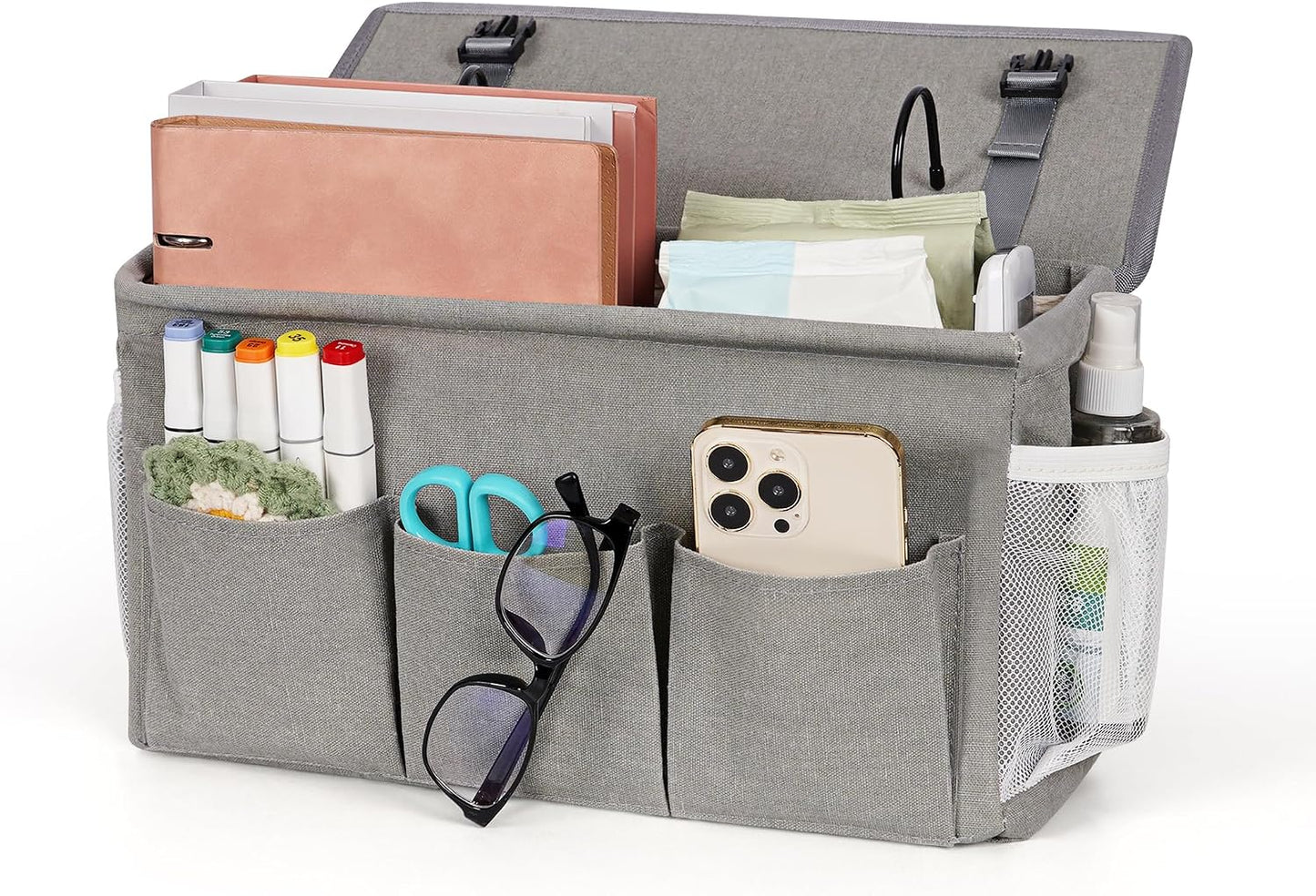 Bedside Caddy, Bedside Storage Bag Hanging Organizer for Bunk Dorm Bed Rail | Bed Caddy with Hooks, Top Bunks and Dorm Essentials for Water, Tissues, Tablets, Books, Phones, Remotes and Other Necessories