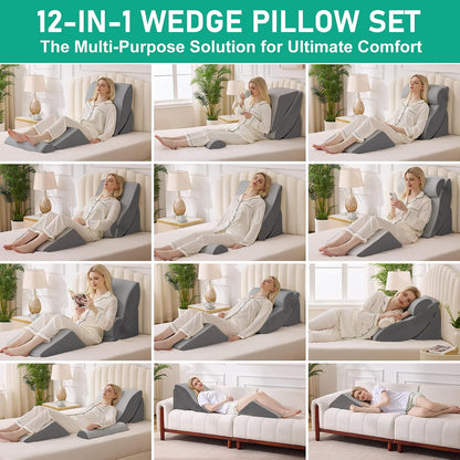 4PCS Wedge Pillow Set for After Surgery, Orthopedic Bed Wedge Pillow for Back Pain Relief, Sitting Up in Bed, Acid Reflux, Adjustable Post Surgery Pillows for GERD, Snoring, White/Grey