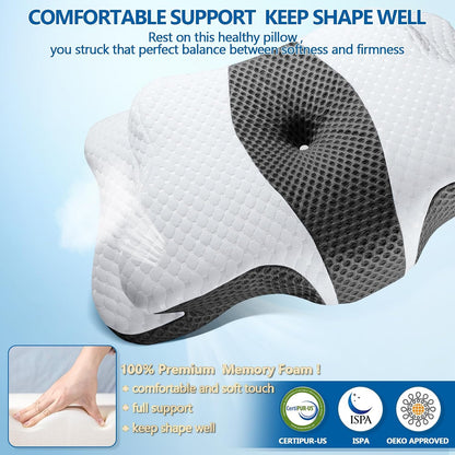 CHxxy Memory Foam Pillows, Cervical Pillow for Neck & Shoulder Pain Relief | Ergonomic Contour Bed Pillow, Soft for Side Sleep Stomach Sleeping and Back Sleeper-Queen Size&Grey