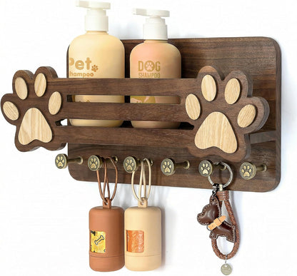MTERSN Dog Leash Holder for Wall with Wall Shelf for Dog Lover, White | 3D Paw-print Design, Mail Holder for Wall with 6 Hooks for Dog Leash & Sunglasses, Put Dog Food Container, Rustic Home Decor