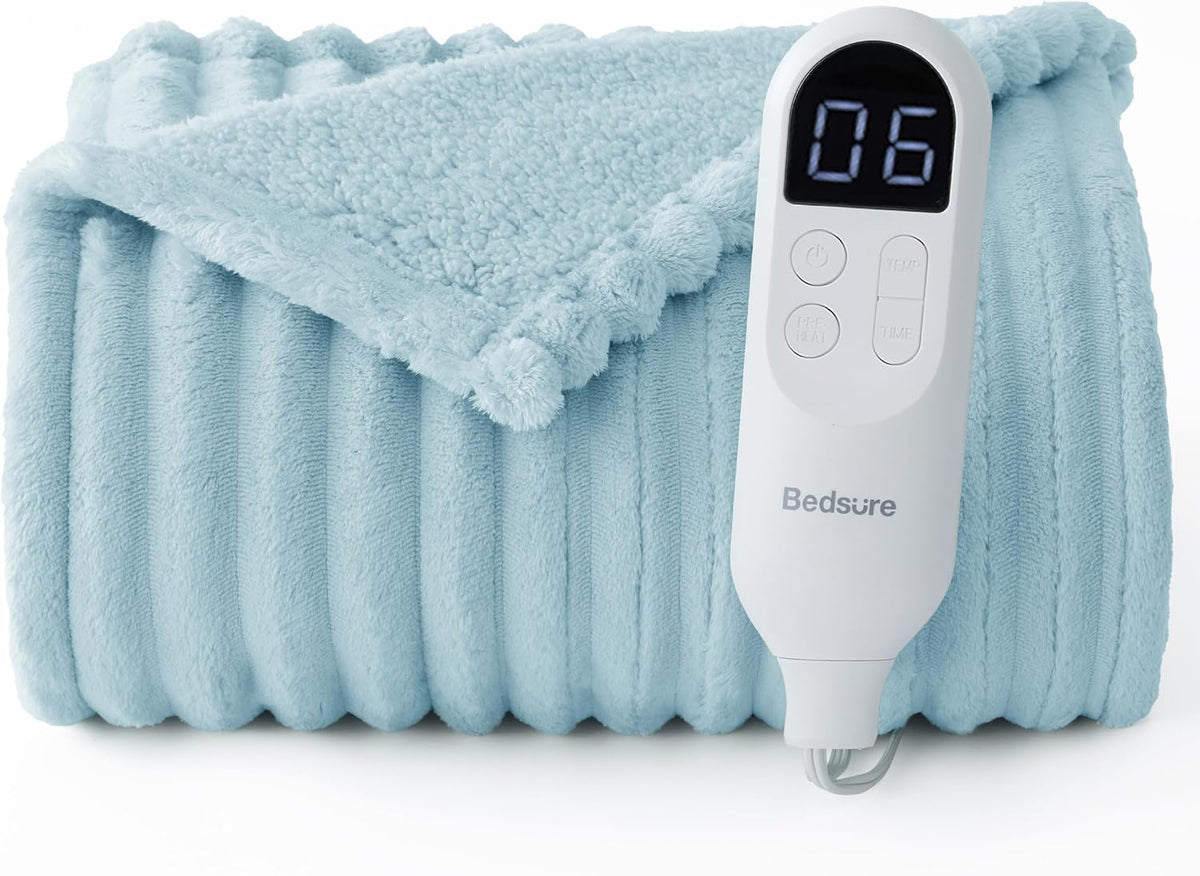 Bedsure Heated Blanket Electric Throw - Thick Striped Fast Heating Electric Blanket with Preheat Function, 6 Heat & 6 Timer (Up to 10H), 8H Auto Off, ETL Certified, Gifts for Women (50"x60", White)