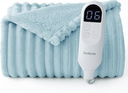 Bedsure Heated Blanket Electric Throw - Thick Striped Fast Heating Electric Blanket with Preheat Function, 6 Heat & 6 Timer (Up to 10H), 8H Auto Off, ETL Certified, Gifts for Women (50"x60", White)