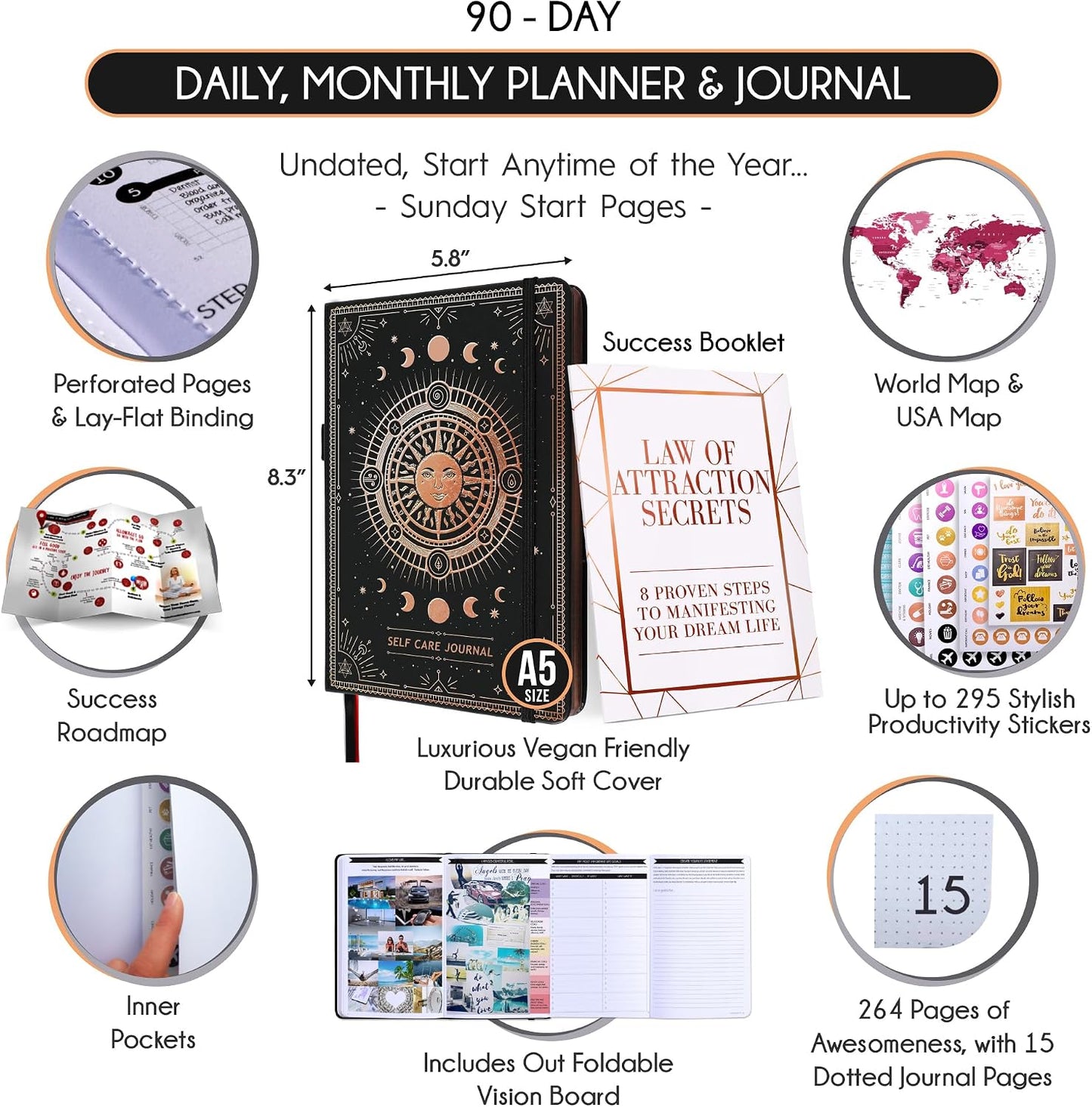 Freedom Mastery Daily Journal of Gratitude, Productivity & Habit Tracker | Undated 90-Day Planner with Daily Reflection, Mindfulness, Positivity, Vision Board & Stickers, Gratitude Journal for Women