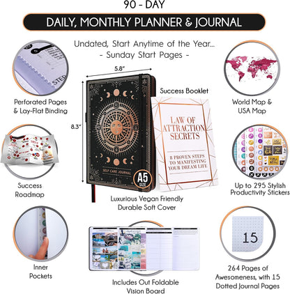 Freedom Mastery Daily Journal of Gratitude, Productivity & Habit Tracker | Undated 90-Day Planner with Daily Reflection, Mindfulness, Positivity, Vision Board & Stickers, Gratitude Journal for Women