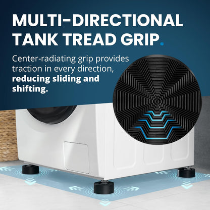 Anti Vibration Pads for Washing Machine with Tank Tread Grip - 4 Pack + Level - Fits Most Round Feet up to 1.75” - Stops Washer Dryer from Moving - Rubber Antivibration Stabilizer for Leveling Washer