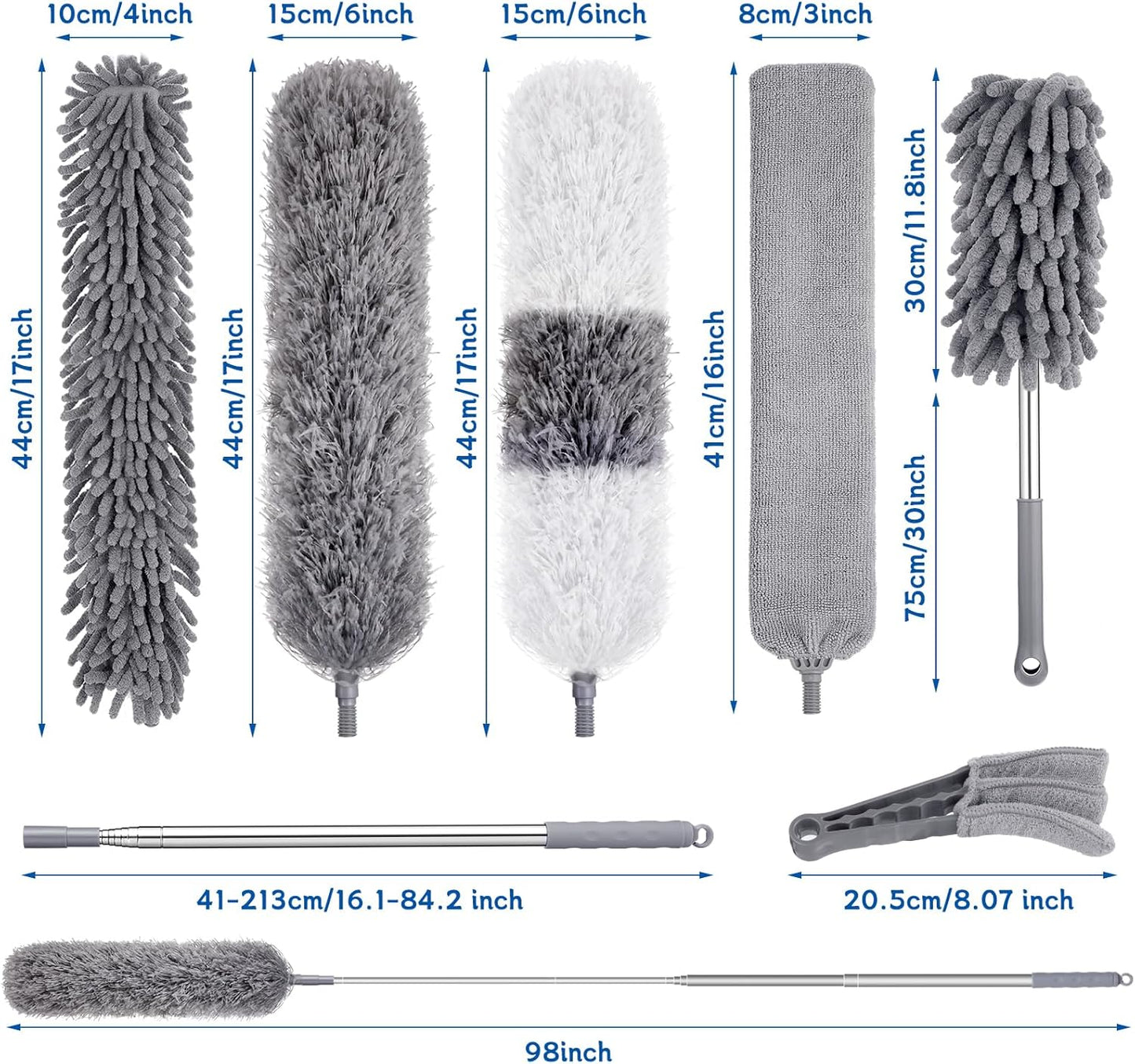 Feather Duster Set (4 Pieces), 30-100 inch Microfiber Retractable Gap Duster for Cleaning Ceilings, Furniture Refrigerators and Under Sofas | Bendable Head for Corner Cleaning, Washable Reusable Duster, Household Tool for Ceiling Furniture Under Sofa