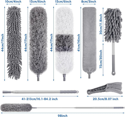 Feather Duster Set (4 Pieces), 30-100 inch Microfiber Retractable Gap Duster for Cleaning Ceilings, Furniture Refrigerators and Under Sofas | Bendable Head for Corner Cleaning, Washable Reusable Duster, Household Tool for Ceiling Furniture Under Sofa