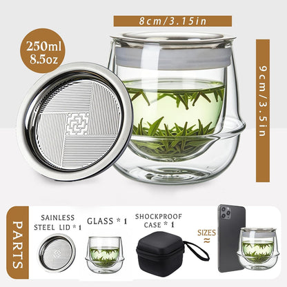 Double-Layer Insulation Glass Teapot with Infuser | Tea Infuser Bottle for Loose Leaf Tea, Portable Tea Maker,Travel Tea Mug, Hot Tea Tumbler, Office & Home & camping