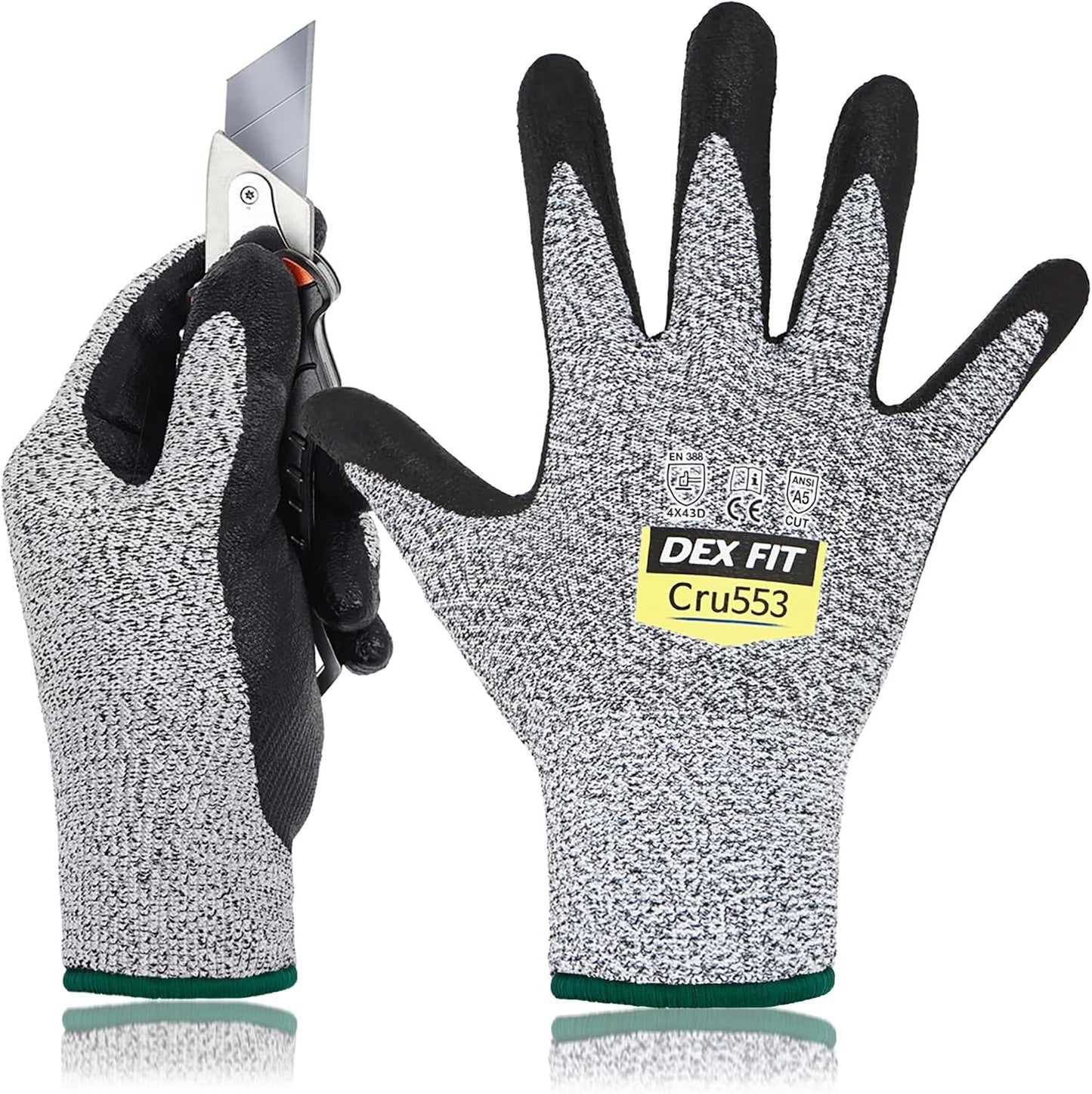 DEX FIT Level 5 Cut Resistant Gloves Cru553, 3D-Comfort Fit, Firm Grip, Thin & Lightweight, Touch-Screen Compatible, Durable, Breathable & Cool, Machine Washable; Grey L (9) 1 Pair