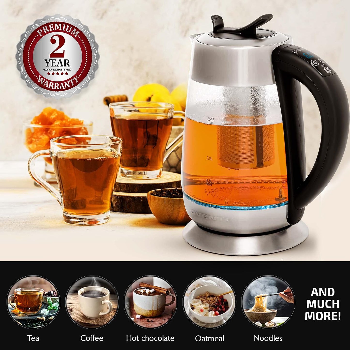 OVENTE 1.8L Glass Electric Kettle with Tea Infuser, Silver KGD752S | 1500W Fast Boiling, Easy Fill Lid, 7 Temperature Control, Keep Warm, Digital Display, Auto Shut-Off, Boil-Dry Protection