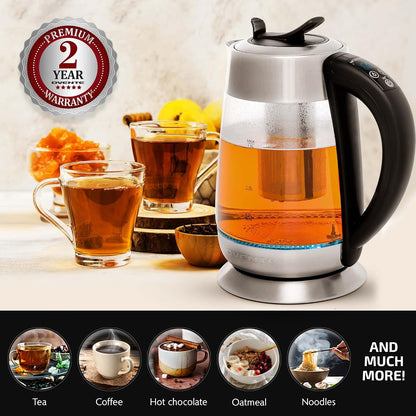 OVENTE 1.8L Glass Electric Kettle with Tea Infuser, Silver KGD752S | 1500W Fast Boiling, Easy Fill Lid, 7 Temperature Control, Keep Warm, Digital Display, Auto Shut-Off, Boil-Dry Protection