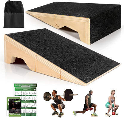 Squat Wedge Block, 1800 LBS Capacity, Wooden Squat Wedge for Heel Elevation | Storage Bag & Training Poster, 2-Pack Non-Slip Slant Board for Gym Squats to Improve Ankle Mobility, Balance & Weightlifting