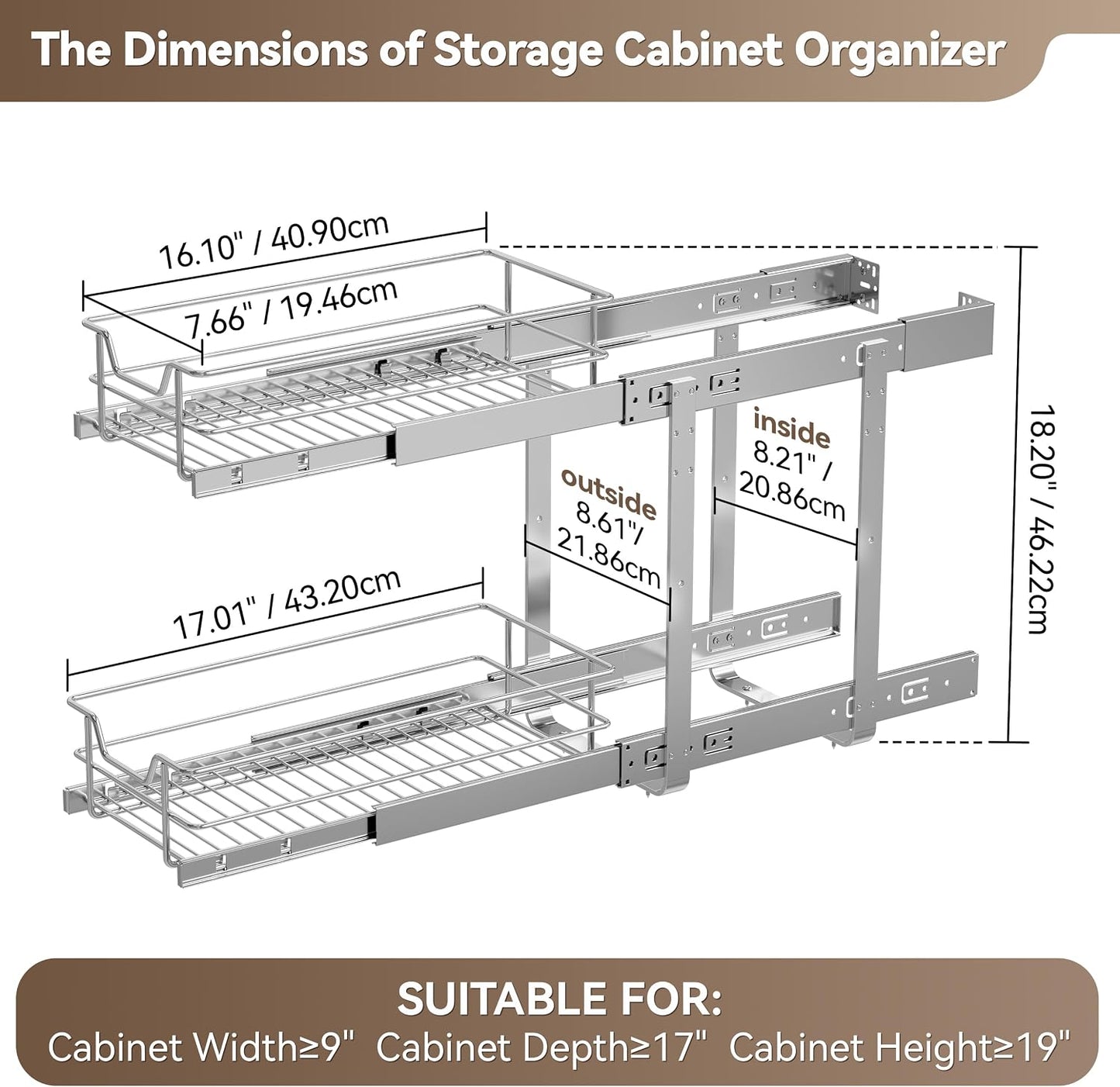 Pull Out Cabinet Organizer 15" W X 22" D, Chromed, Full Slide Out Drawers | For Kitchen Organizers and Storage, Pull Out Drawers For Cabinets Capacity Heavy Duty Caddy, Cabinet Shelves, Bathroom Pantry
