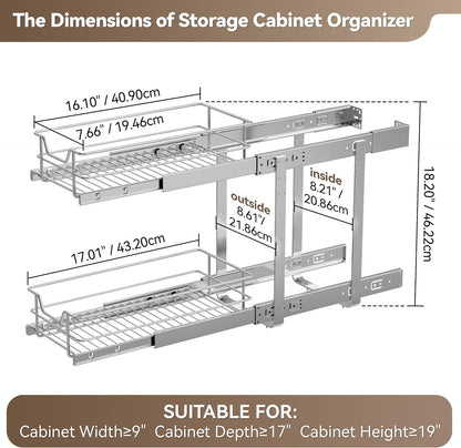 Pull Out Cabinet Organizer 15" W X 22" D, Chromed, Full Slide Out Drawers | For Kitchen Organizers and Storage, Pull Out Drawers For Cabinets Capacity Heavy Duty Caddy, Cabinet Shelves, Bathroom Pantry