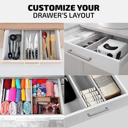 6-Pack Deep Drawer Dividers 4-Inch High Dresser Drawer Organizer, Bamboo | Adjustable 11.5-17 Inch Spring-Loaded Separators for Clothes, Utensils, Socks, Bedroom, Bathroom, Kitchen, Office, No Tools