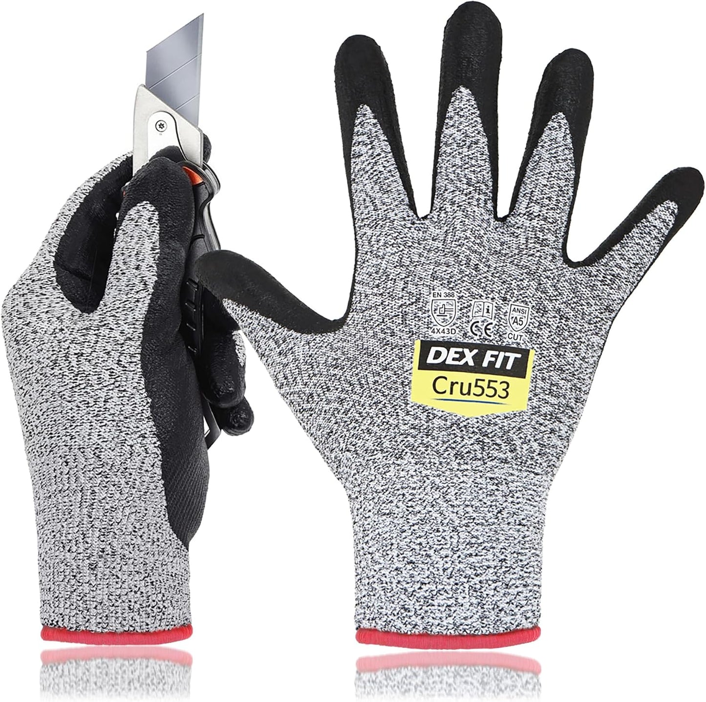 DEX FIT Level 5 Cut Resistant Gloves Cru553, 3D-Comfort Fit, Firm Grip, Thin & Lightweight, Touch-Screen Compatible, Durable, Breathable & Cool, Machine Washable; Grey L (9) 1 Pair