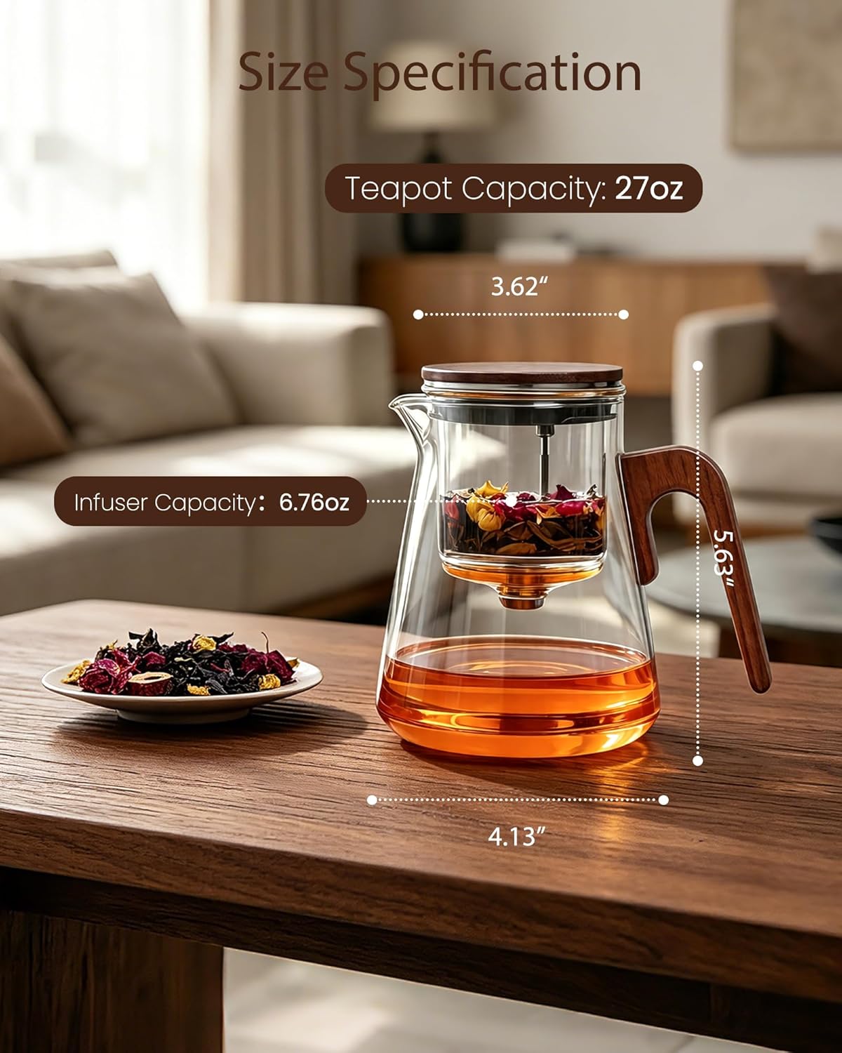 ZENS Magnetic Glass Infuser Teapot for Loose Tea, 27oz Walnut Wood Handle | Magic Teapot with Infuser, Echanted Tea Maker, Mess-Free Loose Leaf Tea Diffusers for Tea lover Gifts
