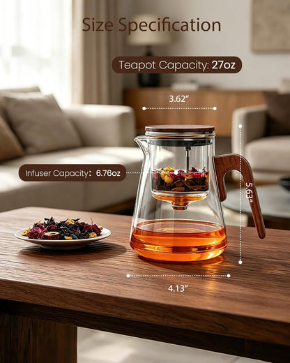ZENS Magnetic Glass Infuser Teapot for Loose Tea, 27oz Walnut Wood Handle | Magic Teapot with Infuser, Echanted Tea Maker, Mess-Free Loose Leaf Tea Diffusers for Tea lover Gifts