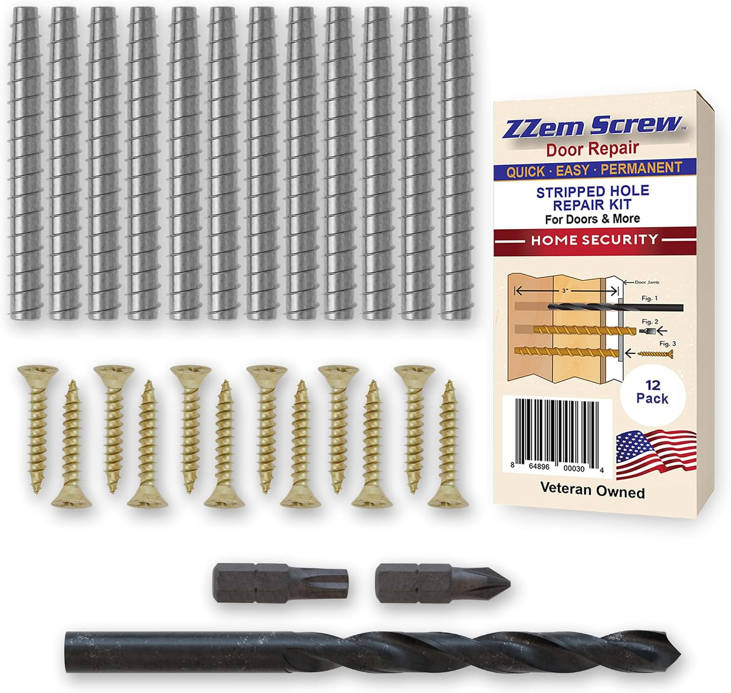 4-Pack #9 x 3 Permanent Stripped Door Hinge Screw Hole Repair Kit | Reinforces hinges, strike plates and door jambs. Installs in minutes. Made in USA