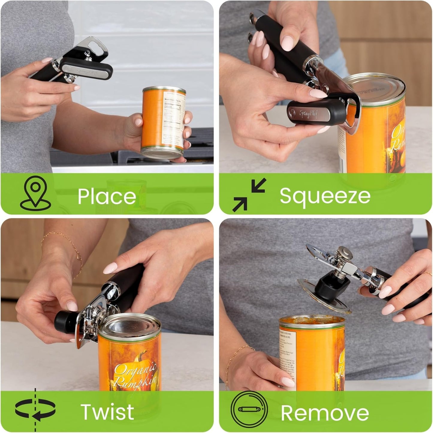 Spring Chef Stainless Steel Manual Can Opener with Soft Grip Handles, Black | Heavy Duty Hand Can Opener for Seniors with Smooth Edge, Easy Turn, 3in1 Can Opener with Magnetic Lid Remover & Bottle Opener