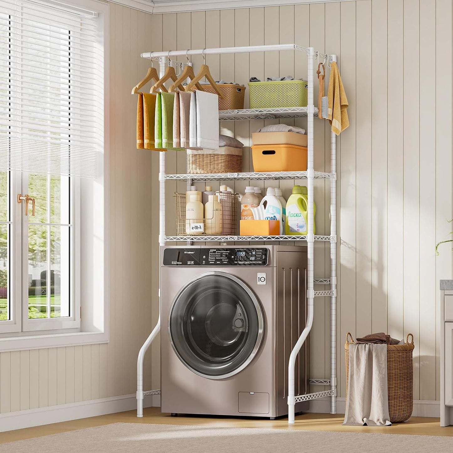 3 Tiers Expandable Over Washer and Dryer Shelves, White | Laundry Room Organization and Storage with Hanger Rod, 4 Hooks, Adjustable Height Metal Freestanding Clothes Drying Rack