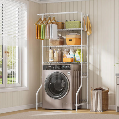 3 Tiers Expandable Over Washer and Dryer Shelves, White | Laundry Room Organization and Storage with Hanger Rod, 4 Hooks, Adjustable Height Metal Freestanding Clothes Drying Rack
