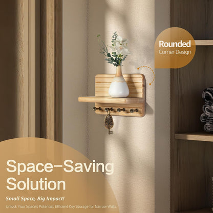 Rebee Vision Pine Wood Key Holder Wall Mount with Shelf for Entryway, Brown | 6 Key Hooks, Round Corner, Smooth&Hand-Friendly, Clear Wood Texture, Space-Saving Design, Organize Mail & Letter