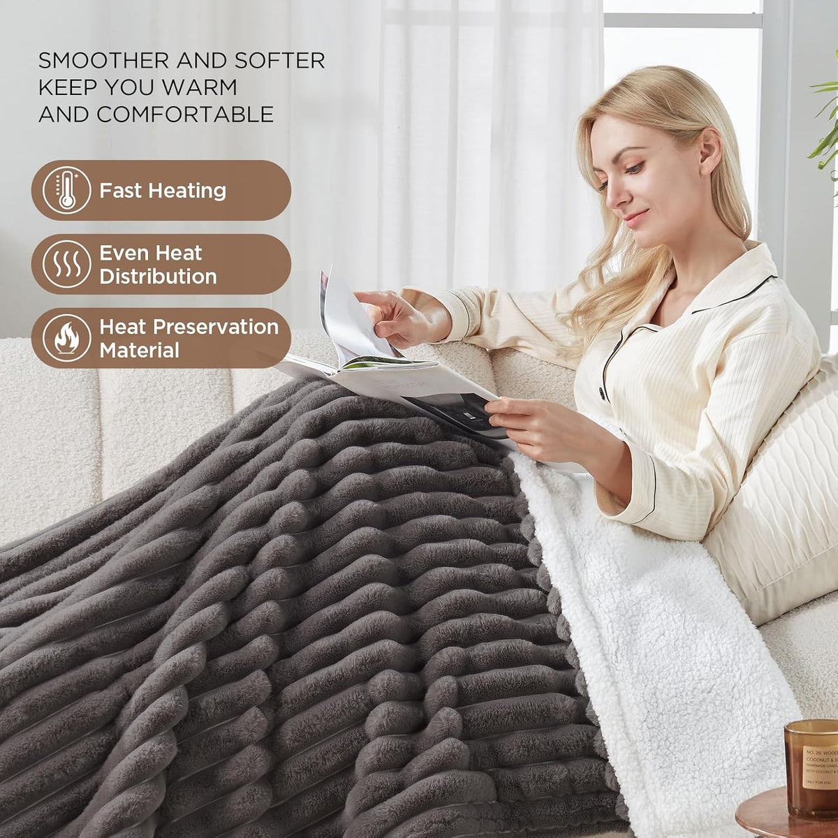 Westinghouse Heated Throw Blanket, 50"x60", Charcoal, ETL Certified