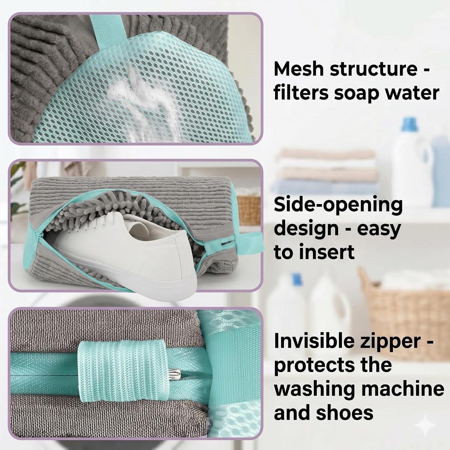 Shoe Washing Machine Bag: 2 Pack - Invisible Zipper For Family Wash | Zero Damage 2x Thick Plush Mesh | Busy Moms & Muddy Kids Footwear | Protects Laundry Drum & Resists Tears