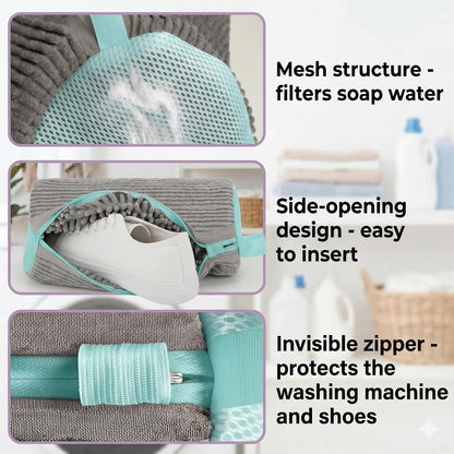 Shoe Washing Machine Bag: 2 Pack - Invisible Zipper For Family Wash | Zero Damage 2x Thick Plush Mesh | Busy Moms & Muddy Kids Footwear | Protects Laundry Drum & Resists Tears