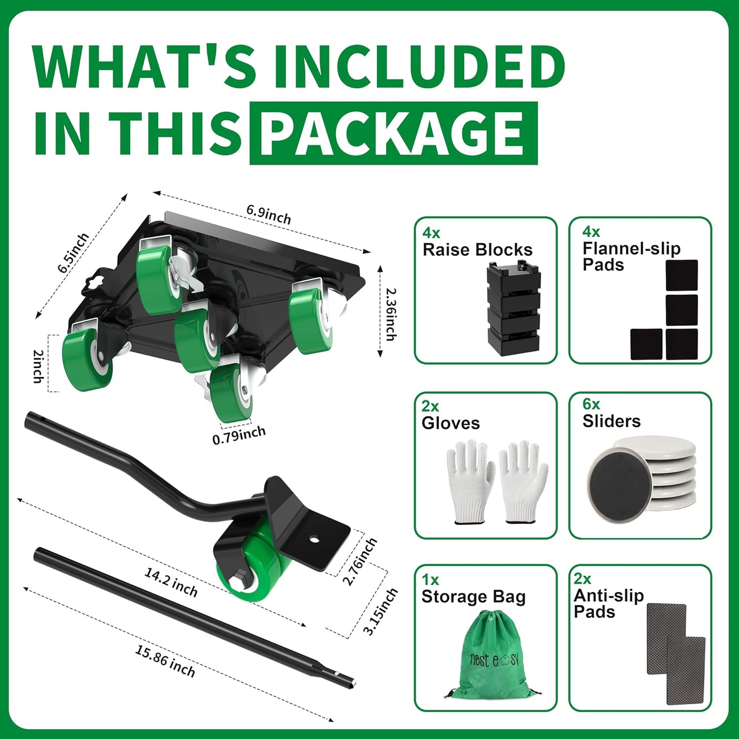 Heavy Duty Furniture Dolly 360 Rotate 5 Wheels 3000 Lbs Capacity 5.3x5.3 in | Furniture Movers with Green Wheels, Measure Tape & Leveler, Alloy Steel Furniture Lifter Tool for Smooth Home & Office Uses