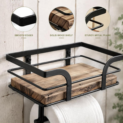 Rustic Toilet Paper Holder with Shelf, Wall Mounted | Farmhouse design, reversible left/right holder, adhesive & screw installation, raised guard shelf