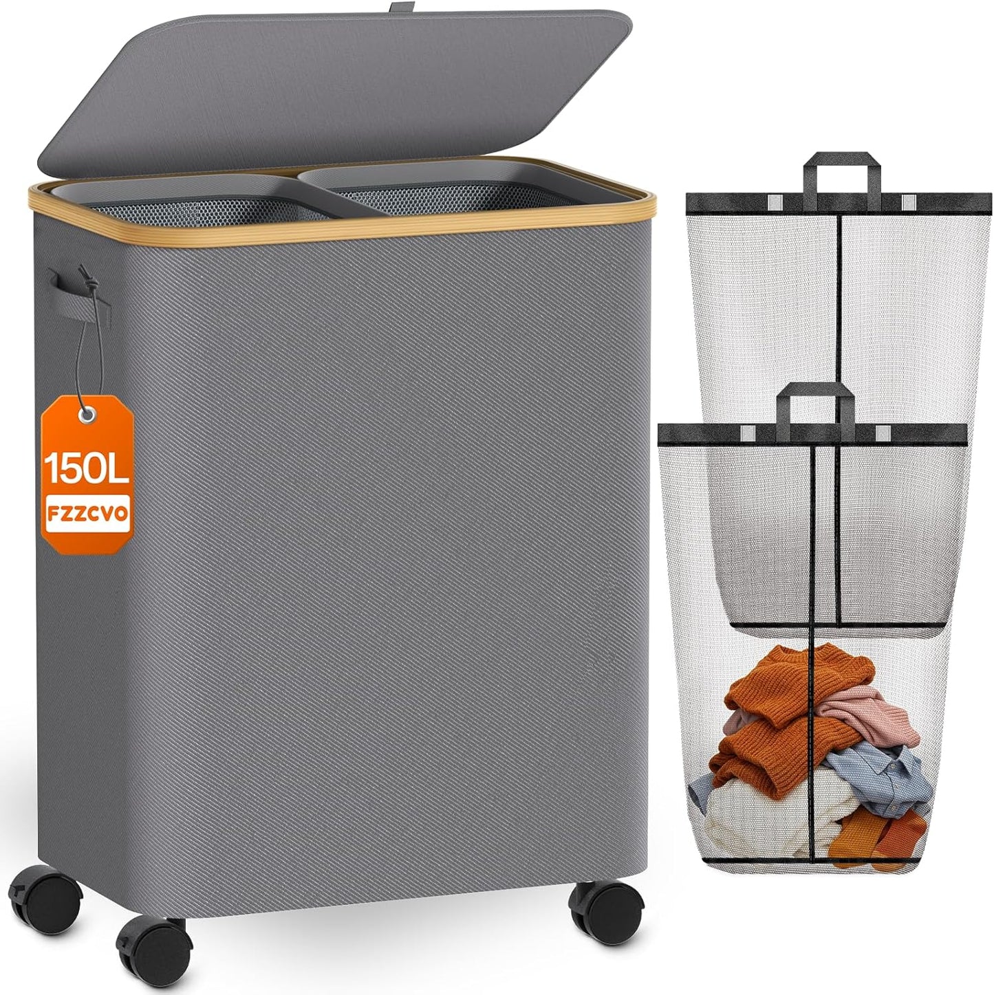 Double Laundry Basket with Wheels and Lid, 150L Clothes Hampers for Laundry | Large Laundry Hamper with 2 Sections & Removable Liner Bags, Rolling Dirty Clothes Basket for Bedroom Bathroom Dorm College