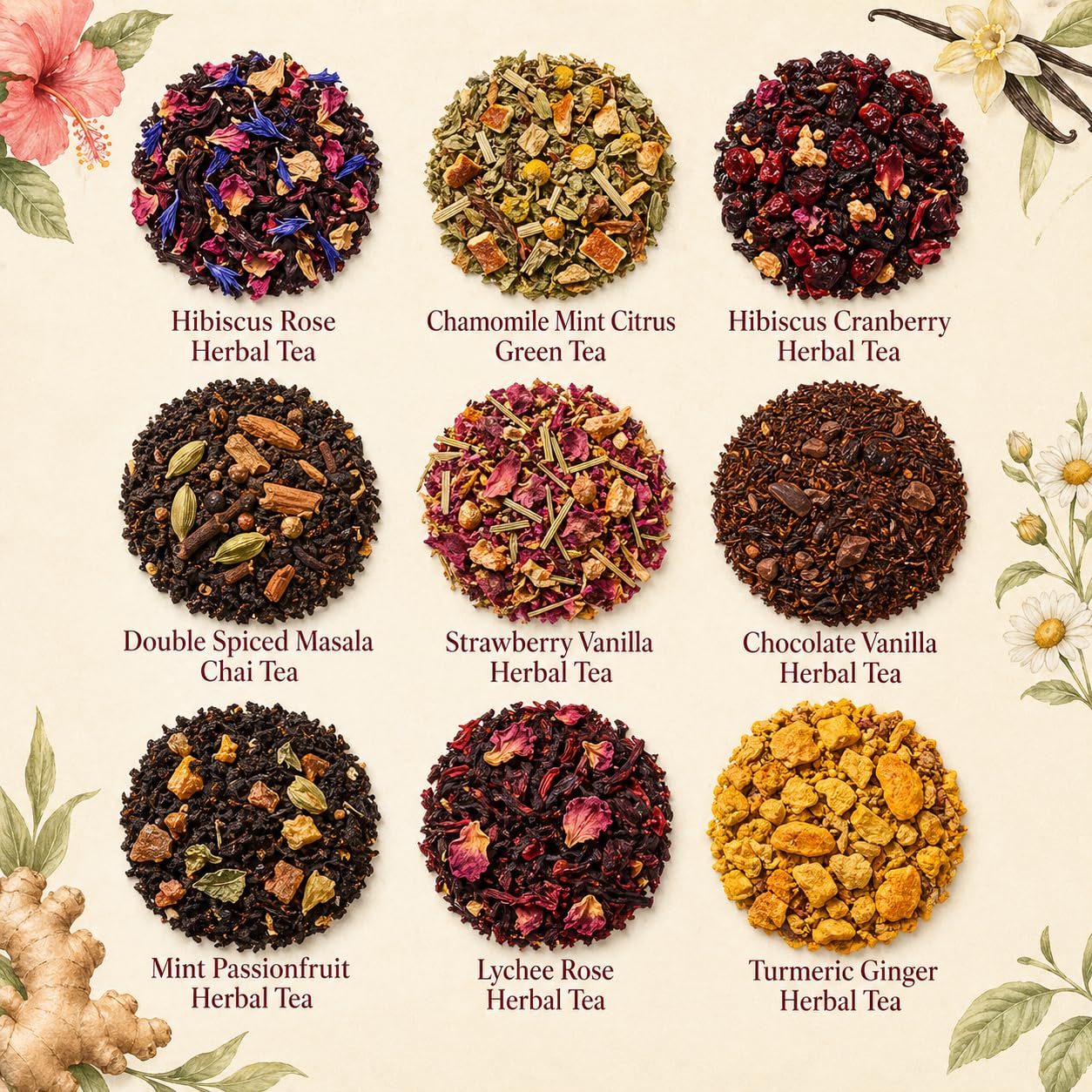 VAHDAM, Assorted Herbal Tea Sampler (18 Tea Bags, 9 Flavors) Caffeine-Free, Non-GMO | Double Infusion, Individually Enveloped Tea Bags | Herbal Tea Assortmen