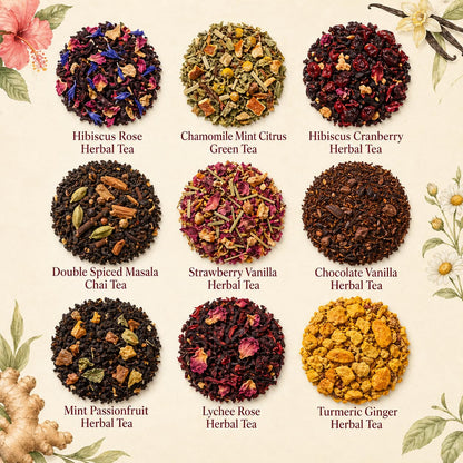 VAHDAM, Assorted Herbal Tea Sampler (18 Tea Bags, 9 Flavors) Caffeine-Free, Non-GMO | Double Infusion, Individually Enveloped Tea Bags | Herbal Tea Assortmen