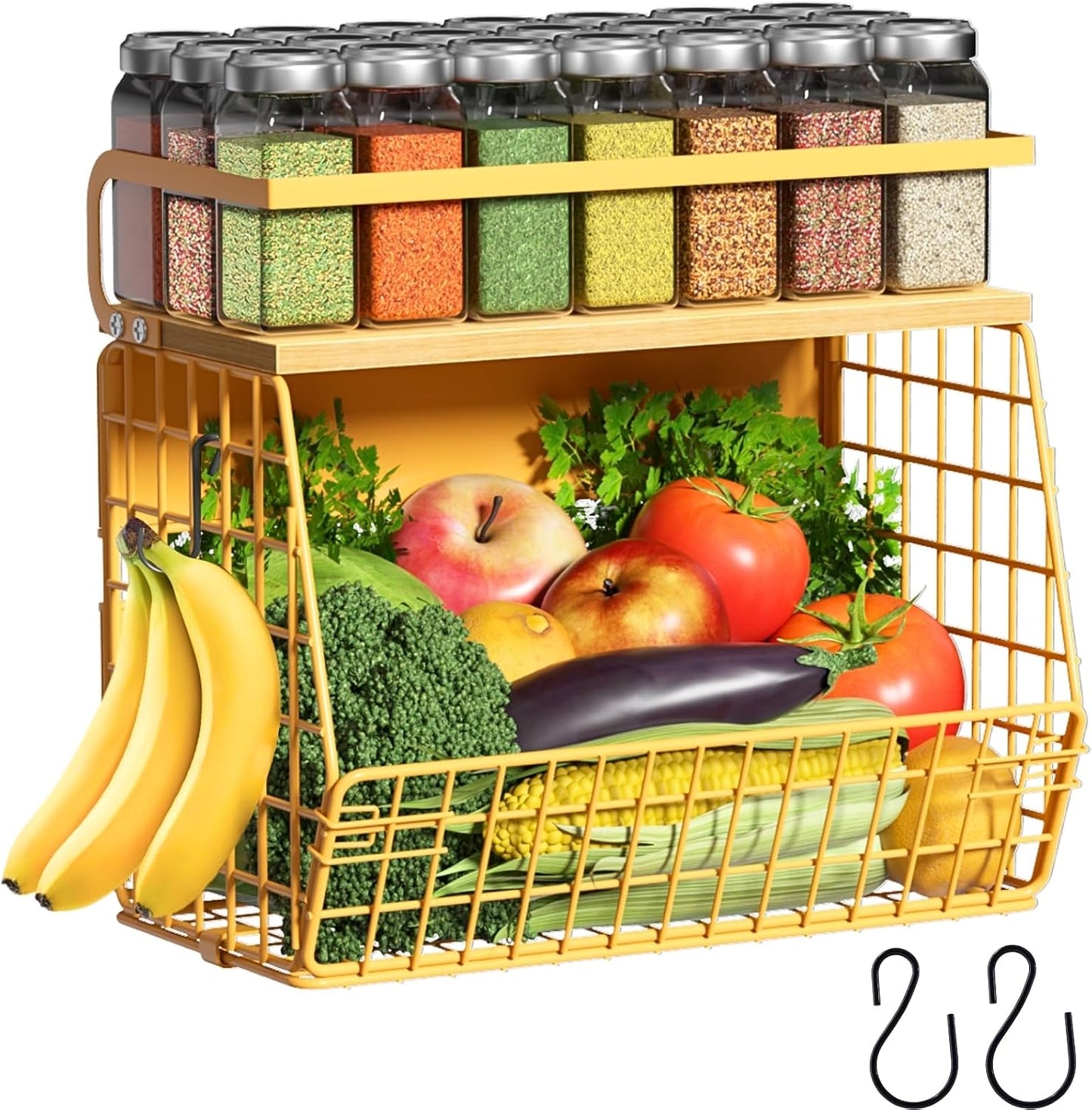 Magnetic Shelf for Fridge with Wood Lid, Fruit Potato and Onion Storage Bins, Pantry Organizers & Storage, Large Container Magnetic Spice Rack for Refrigerator, Kitchen Counter, Cabinet | Strong magnet holds 50lbs, ventilated bin for produce, versatile